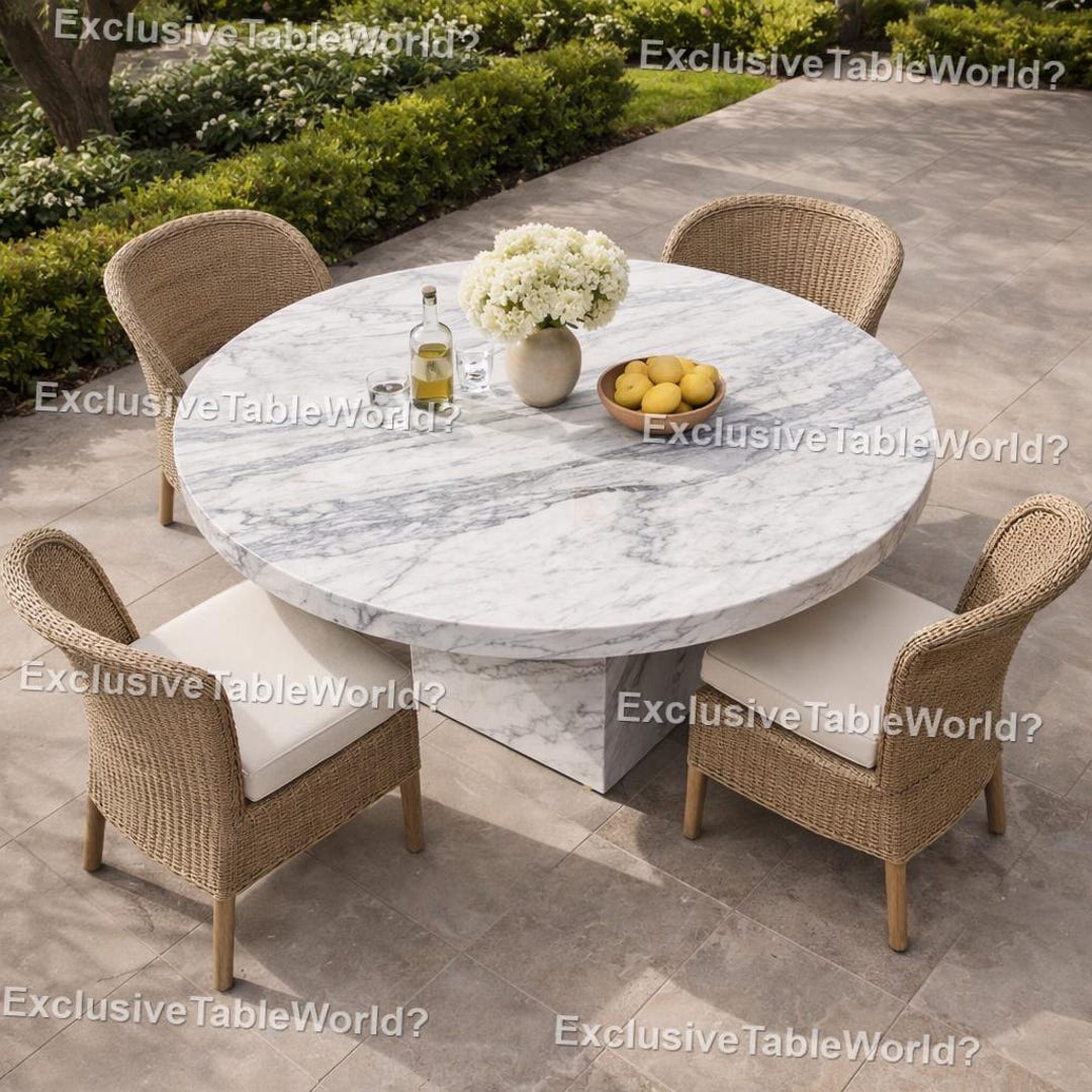 Round White Marble Dining Table Solid Stone Pedestal Modern Luxury ...