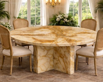 Luxury Onyx Marble Round Dining Table, Natural Stone Statement Table, Pedestal Base Handcrafted Onyx Marble Dining Table, Round Stone Table