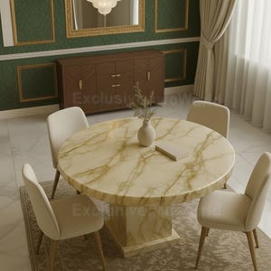 Handcrafted Round Golden Marble Dining Table Modern Pedestal Stone Table Luxury Round Golden Marble Dining Table Pedestal Base Stone Table