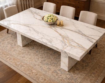 Mesa de comedor de mármol blanco de lujo con vetas doradas / Mesa de mármol rectangular con base de pedestal Mesa de comedor de mármol blanco hecha a mano /