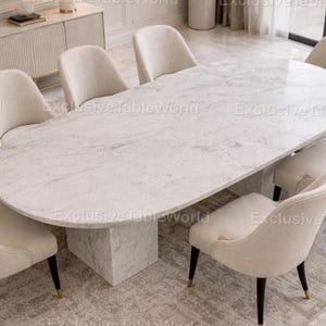Mesa de comedor ovalada de mármol de lujo – Mesa de piedra natural blanca Mesa de comedor ovalada de mármol blanco, mesa con base de pedestal de piedra maciza,