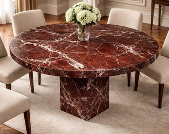 Luxury Round Red Marble Dining Table Sculptural Pedestal Italian Style Stone Furniture Rosso Marble Round Red Natural Stone Dining Furniture