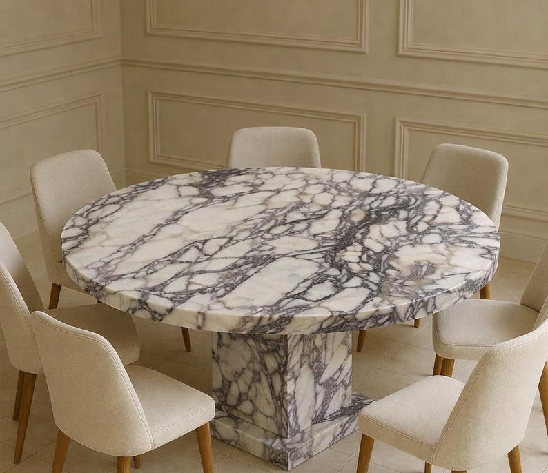 Luxury Round Marble Dining Table Handcrafted White Marble Dramatic Grey ...