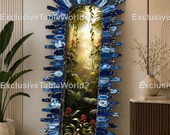 Blue Agate Mirror Wall Art, Tropical Jungle Reflection Mirror, Luxury Statement Decor Geode Style Mirror with Blue Resin Frame