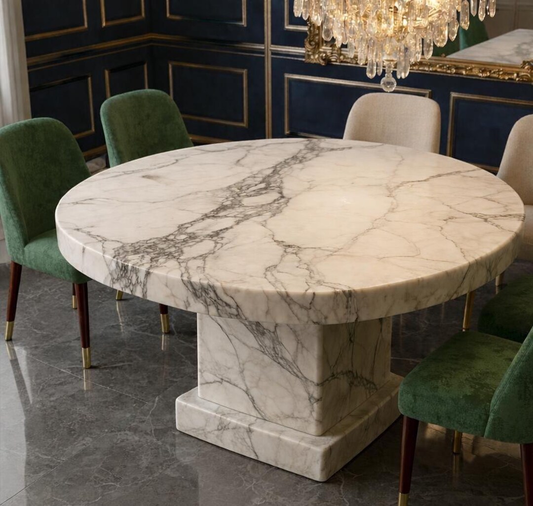 Handcrafted Round White Marble Dining Table Solid Stone Pedestal Base ...