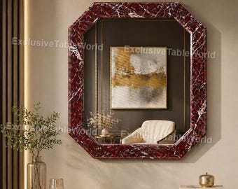 Luxury Red Marble Octagon Wall Mirror, Modern Glam Home Decor, Statement Wall Art Mirror  Octagonal Marble Frame Mirror,