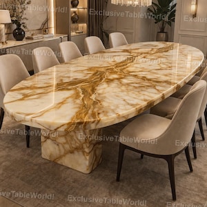 Luxury Oval White Marble Dining Table Gold Veining, Modern Pedestal Base , Elegant Marble Kitchen Table Handmade Oval Marble Dining Table