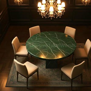 May include: A circular dining table with a green marble effect top and six cream-coloured chairs. The table is on a patterned rug in a room with dark wood panelling and a chandelier.