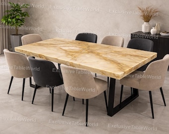 Elegant Stone Dining Table, Beige Marble Top Table, Modern Dining Room Decor Luxury Marble Dining Table Luxury Onyx , Neutral Room Furniture