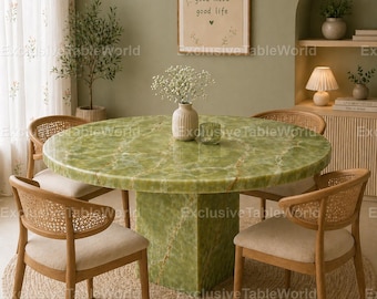 Handcrafted Green Stone Dining Table Large Round Onyx Table Elegant Modern Room Green Marble Round   Contemporary Dining Room Furniture
