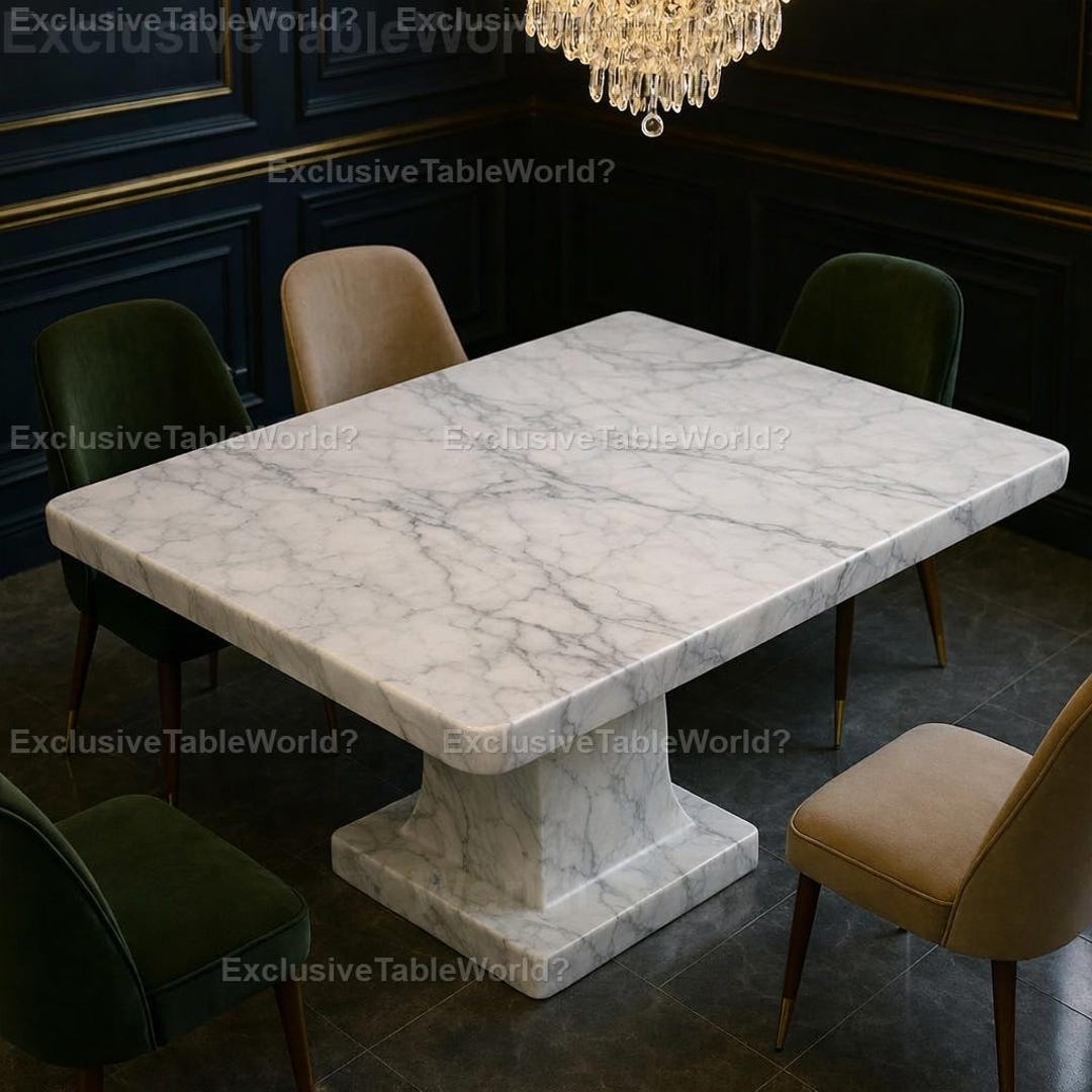 Luxury White Marble Dining Table – Solid Stone Pedestal Base, Modern ...