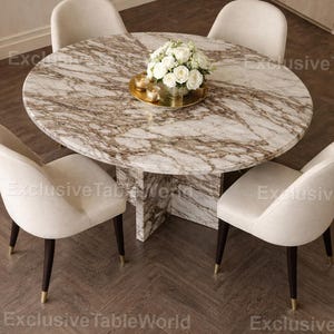 Luxury Round Marble Dining Table, Brown Vein Natural Stone Table, Modern Pedestal Base Dining Table, Handmade Marble Furniture