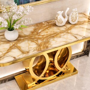 Luxury Marble Console Table with Gold Base – Elegant Entryway Table, Modern Glam Furniture Modern Gold Console Table with Marble Top