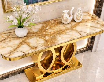Luxury Marble Console Table with Gold Base – Elegant Entryway Table, Modern Glam Furniture Modern Gold Console Table with Marble Top