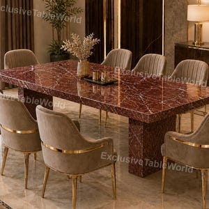 Mesa de comedor de mármol rojo de lujo para mesa de comedor de piedra Rosso Levanto, mesa moderna con base de pedestal, muebles de comedor, mesa de mármol a medida