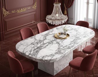 Handcrafted Calacatta Viola Marble Oval Dining Table, Monolithic Pedestal Base