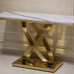 Mesa consola de mármol de lujo – Mesa de entrada moderna dorada, muebles de recibidor glamurosos, mesa consola con tablero de mármol blanco, elegante mesa auxiliar moderna