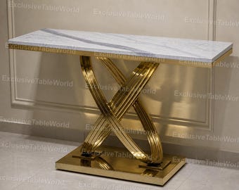 Mesa consola de mármol de lujo – Mesa de entrada moderna dorada, muebles de recibidor glamurosos, mesa consola con tablero de mármol blanco, elegante mesa auxiliar moderna