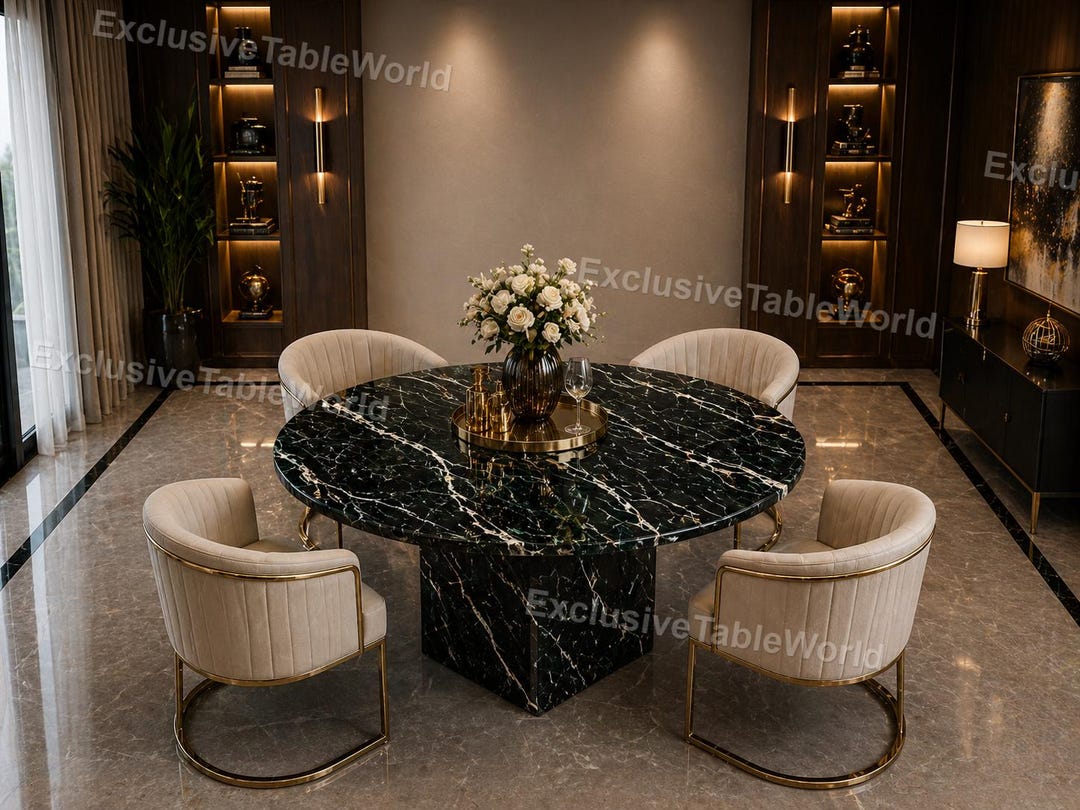 Modern Round Black Marble Dining Table | Nero Marquina Style Luxury ...