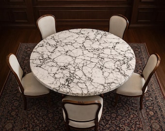 Luxury Round White Marble Dining Table Top | Natural Marble with Black Veining Custom Stone Tabletop Handcrafted  White Marble Dining Table