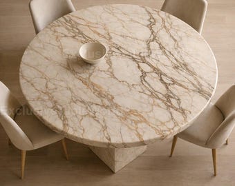 Luxury Round Cream Marble Dining Table | Natural Stone Pedestal Table | Modern Italian Style Handcrafted  Cream Marble with Golden Veining