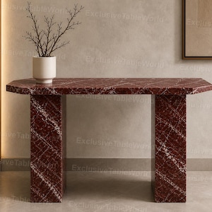 Mesa consola de mármol rojo – Mesa de entrada escultural moderna, Muebles de piedra de lujo Mesa de pasillo de mármol burdeos – Decoración contemporánea para el hogar