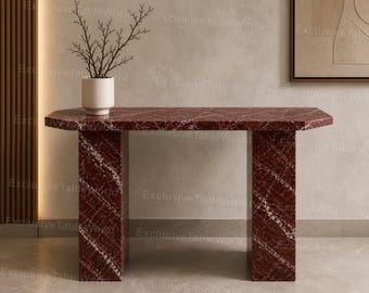 Mesa consola de mármol rojo – Mesa de entrada escultural moderna, Muebles de piedra de lujo Mesa de pasillo de mármol burdeos – Decoración contemporánea para el hogar