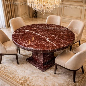 May include: A circular dining table with a red marble top and a matching pedestal base. Six beige upholstered chairs with dark wood legs surround the table. The text "Exclusive TableWorld?" is visible.