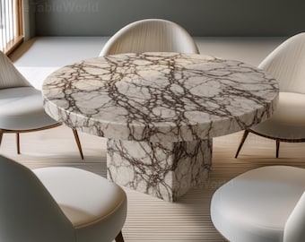 Handcrafted Round Marble Table | Designer Stone Pedestal Table | Modern Luxury Furniture Elegant Round Marble | Cream Marble with Dark Veins