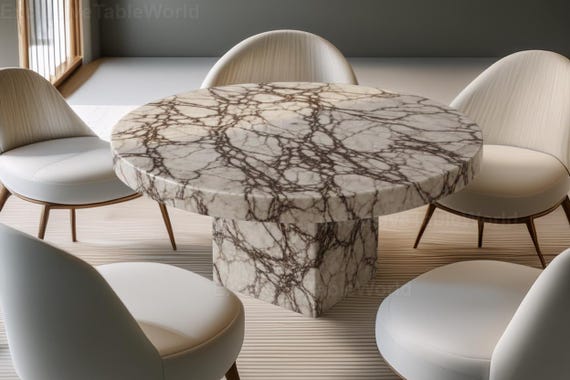 Handcrafted Round Marble Table | Designer Stone Pedestal Table | Modern Luxury Furniture Elegant Round Marble | Cream Marble with Dark Veins