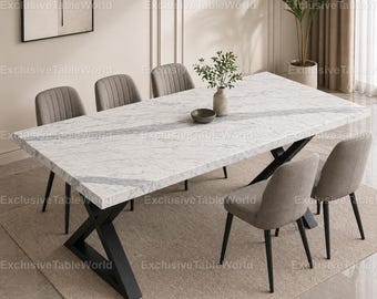 Handcrafted Marble Dining Table White Stone Top  Rectangular Marble Modern  Contemporary Stone Dining Table Designer Dining Room Furniture