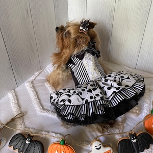 Dog harness,  Halloween dog dress, small dog clothes, handmade dog dress, skeleton dog dress , yorkie clothes girl, custom fit dog harness