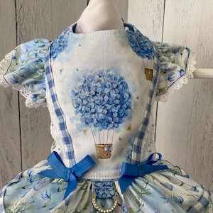 Pode incluir: Um vestido para cão azul e branco com padrão xadrez vichy e estampa floral. O vestido apresenta um laço azul e um design de balão de ar quente com um cacho de flores azuis.