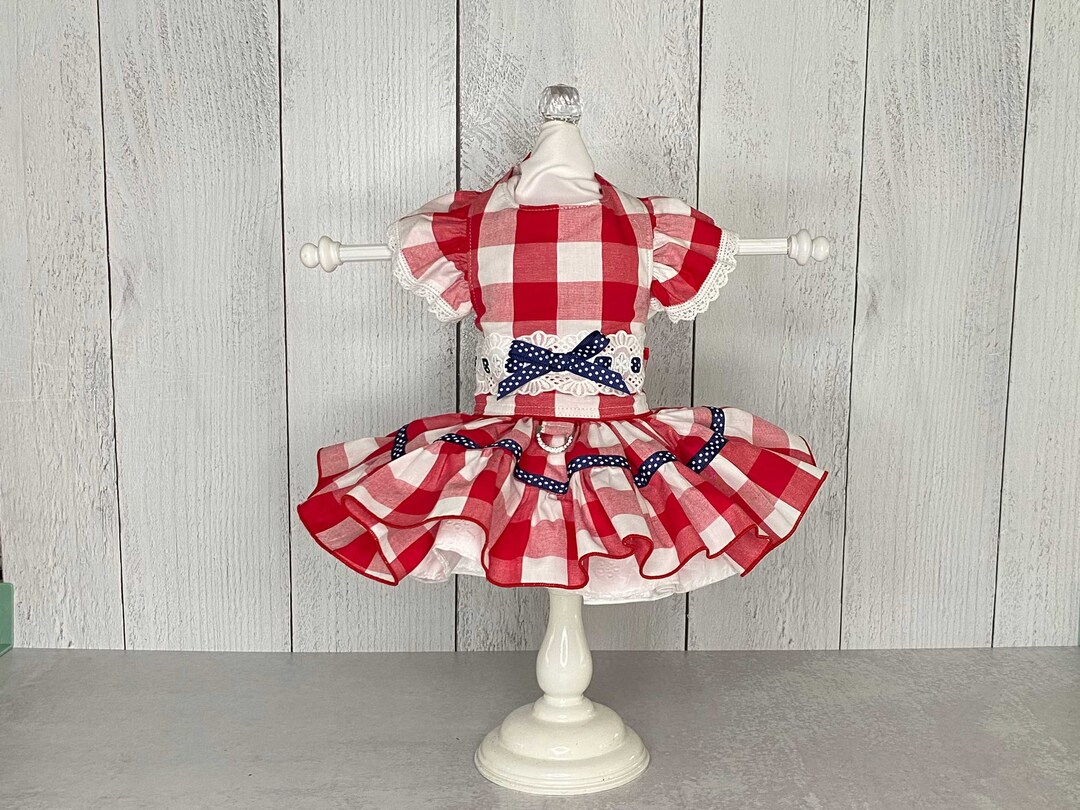 Gingham Dog Dress with Bows & Lace Trim