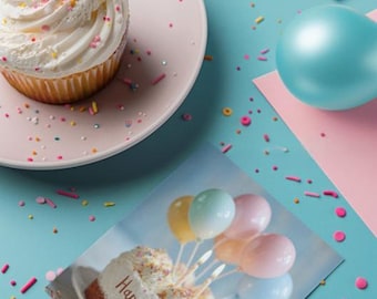 A4 + A5-kaart Happy Birthday Cake – afdrukbare pastelkleurige ballon