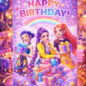 Cartão de aniversário digital imprimível inspirado em Caçadores de Demônios do Kpop