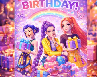 Tarjeta de cumpleaños imprimible digital inspirada en Demon Hunters del Kpop