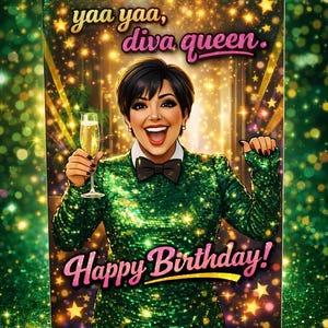 May include: A birthday greeting card with a glamorous illustration. The card features a woman in a green sequined outfit holding a champagne glass. Text on the card reads "yaa yaa, diva queen. Happy Birthday!"
