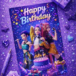 Tarjeta de cumpleaños inspirada en Demon Hunters del Kpop, descarga digital