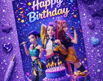 Biglietto di auguri di compleanno ispirato ai cacciatori di demoni Kpop, download digitale