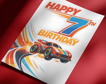 Karta urodzinowa z motywem samochodu wyścigowego na 7. urodziny – dla chłopców z motywem Speed, do druku