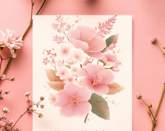 Pastelroze bloemenverjaardagskaart met aquarelbloesem Vrouwelijk briefpapier