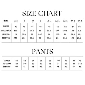 May include: A size chart for clothing, with measurements for chest, shoulder, length, and sleeves. The chart includes sizes from X-Small to 5X-Large. Pants measurements include waist, inseam, and length, with sizes ranging from 30 to 48 inches.
