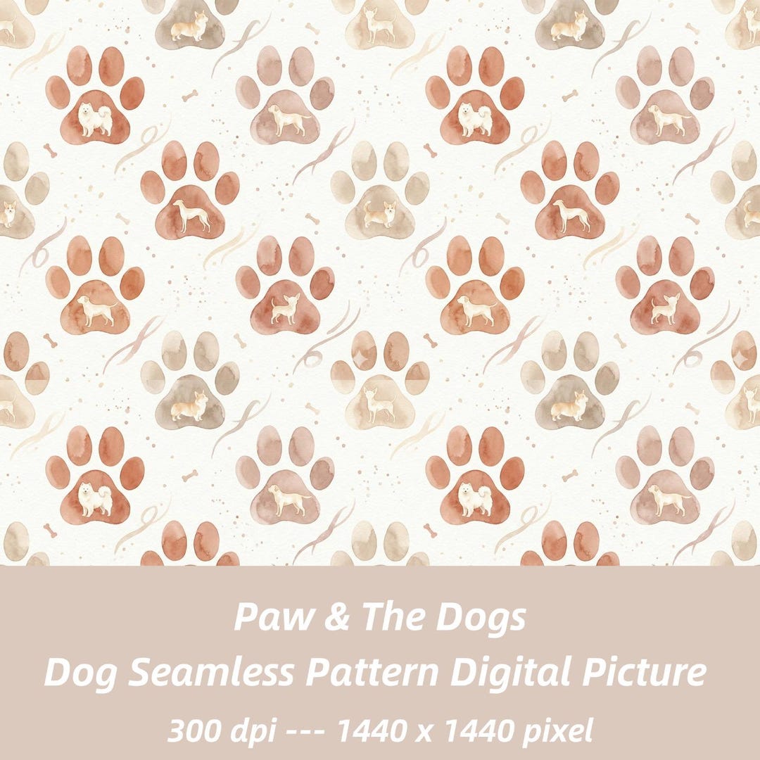 Dog Breeds Seamless Pattern | Paw Prints Digital Paper (PNG, 1440x1440 ...