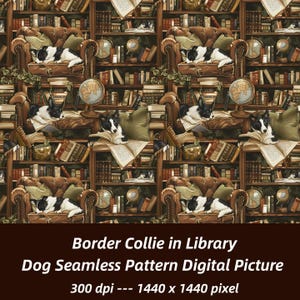 May include: Seamless pattern featuring a repeating design of a Border Collie dog in a library setting. The scene includes brown leather armchairs, bookshelves filled with books, globes, and open books. The dog is black and white.