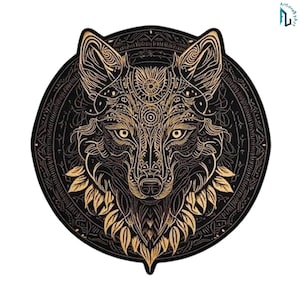 May include: A circular sticker featuring a detailed gold-colored wolf head illustration set against a black background. The wolf is adorned with intricate geometric patterns and lines, framed by a circular border with decorative elements.