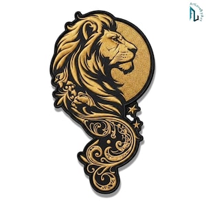 May include: An embroidered patch featuring a profile of a lion head in gold thread against a black background. The design includes a circular sun-like element behind the lion, intricate swirling filigree patterns below, and two small stars.