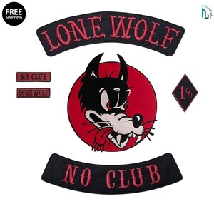 May include: A set of embroidered patches featuring a large circular patch with a black wolf head on a red background, two curved rocker patches with red text reading LONE WOLF and NO CLUB, two small rectangular patches, and a diamond 1% patch.