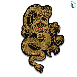 May include: A black embroidered patch featuring a detailed golden dragon with sharp claws and piercing red eyes. The dragon is depicted in a coiled, serpentine pose with intricate scale patterns and flowing mane details. The text ArtLoveByArt is visible.