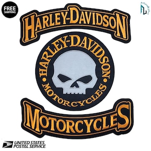 May include: A three-piece embroidered patch set featuring a black and gold Harley-Davidson rocker, a circular patch with a central silver skull graphic surrounded by Harley-Davidson Motorcycles text, and a matching black and gold Motorcycles rocker.